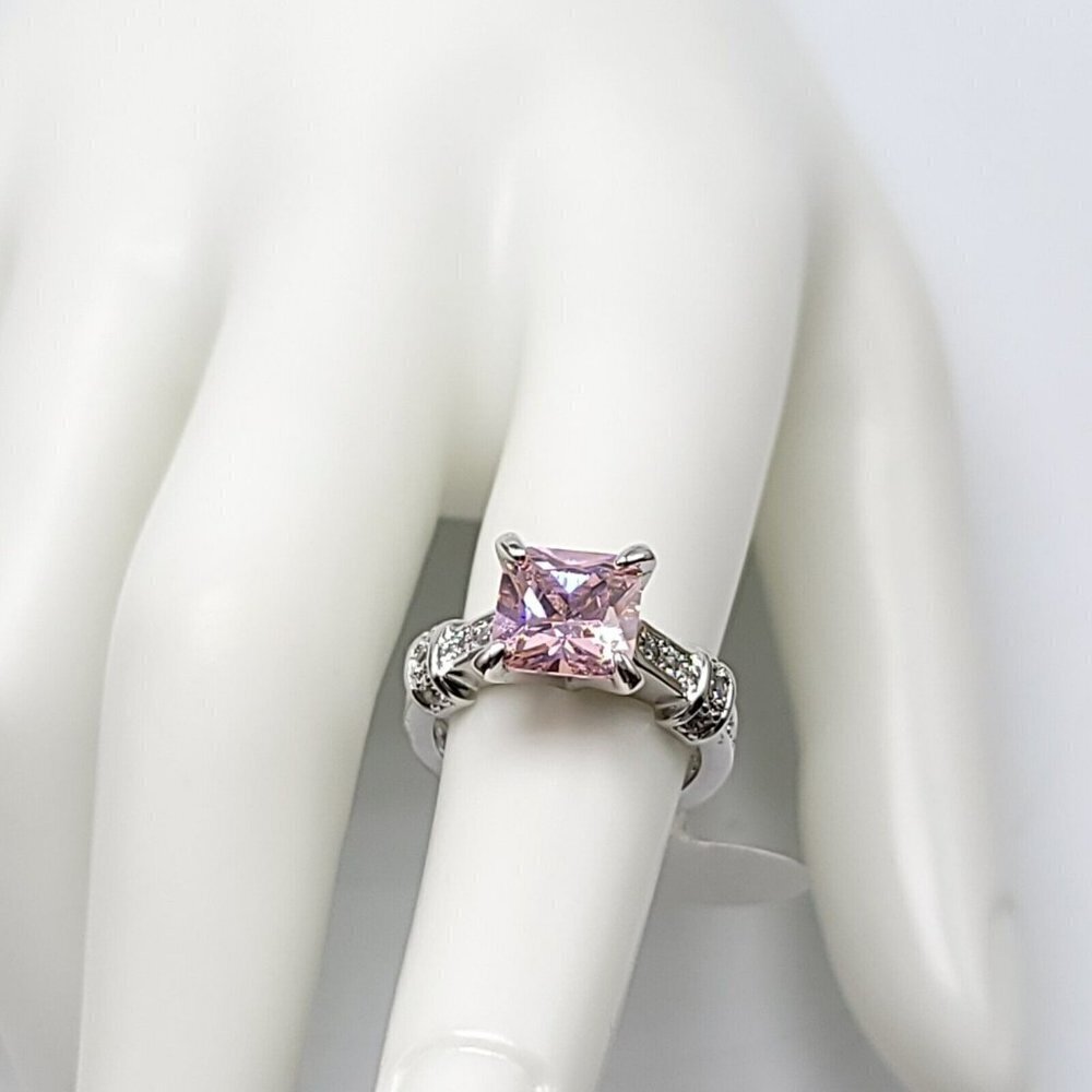 Pink Princess Cut Glass Rhinestone CZ Silver Plated Cocktail Ring Size 5